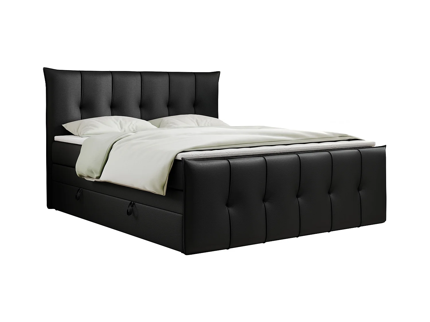 Boxspringbett PREMIUM 11 KING mit Stauraum, gestepptes Kopfteil, zwei Multipocket-Matratzen - 200x200 cm - H3 - Schwarz Kunstleder