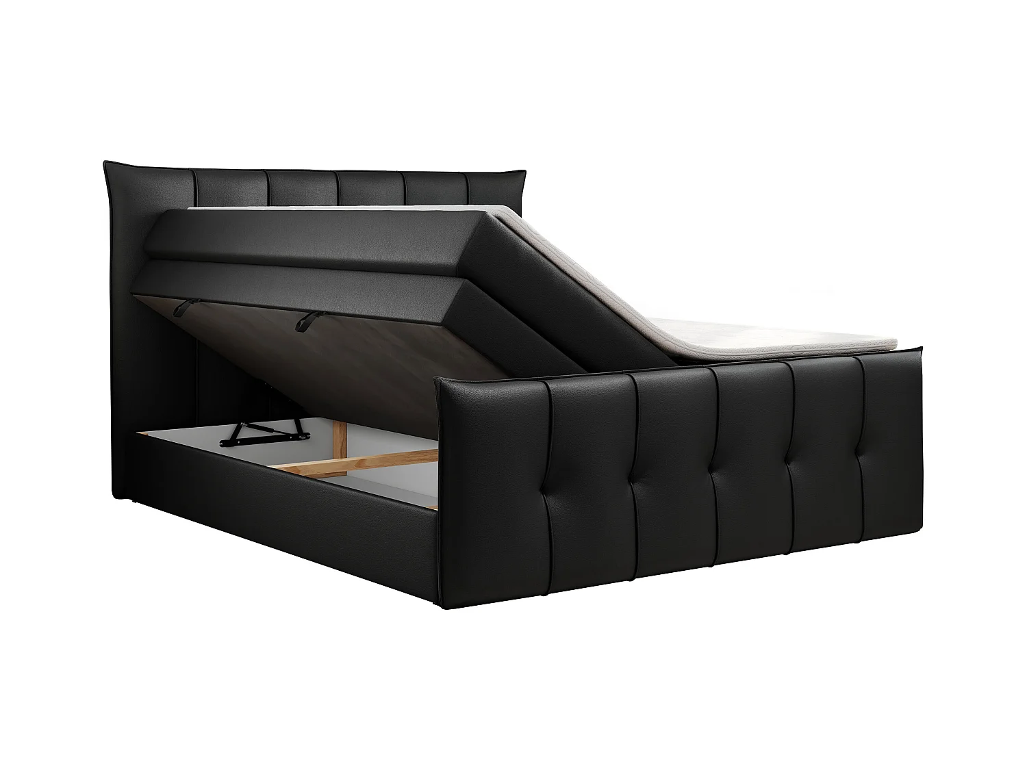 Boxspringbett PREMIUM 11 KING mit Stauraum, gestepptes Kopfteil, zwei Multipocket-Matratzen - 200x200 cm - H3 - Schwarz Kunstleder