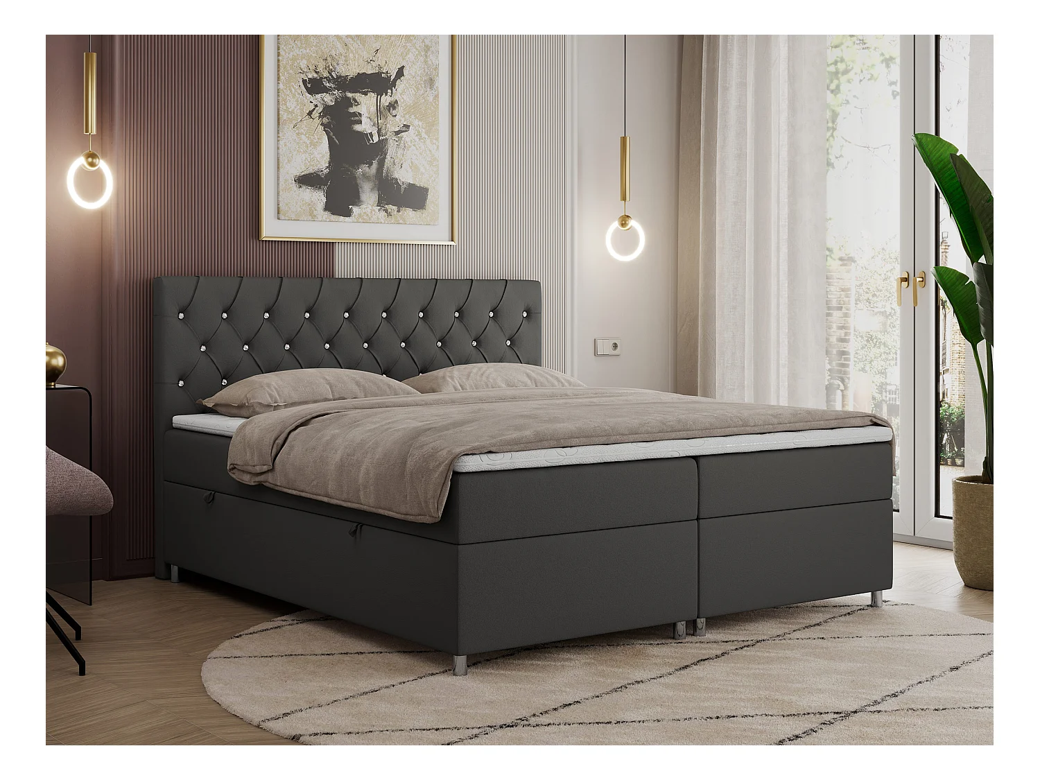 Boxspringbett ROMA mit gestepptem Kopfteil, Multipocket-Matratze, dekorative Füße - 180x200 cm - H4 - Dunkelgrau Kunstleder