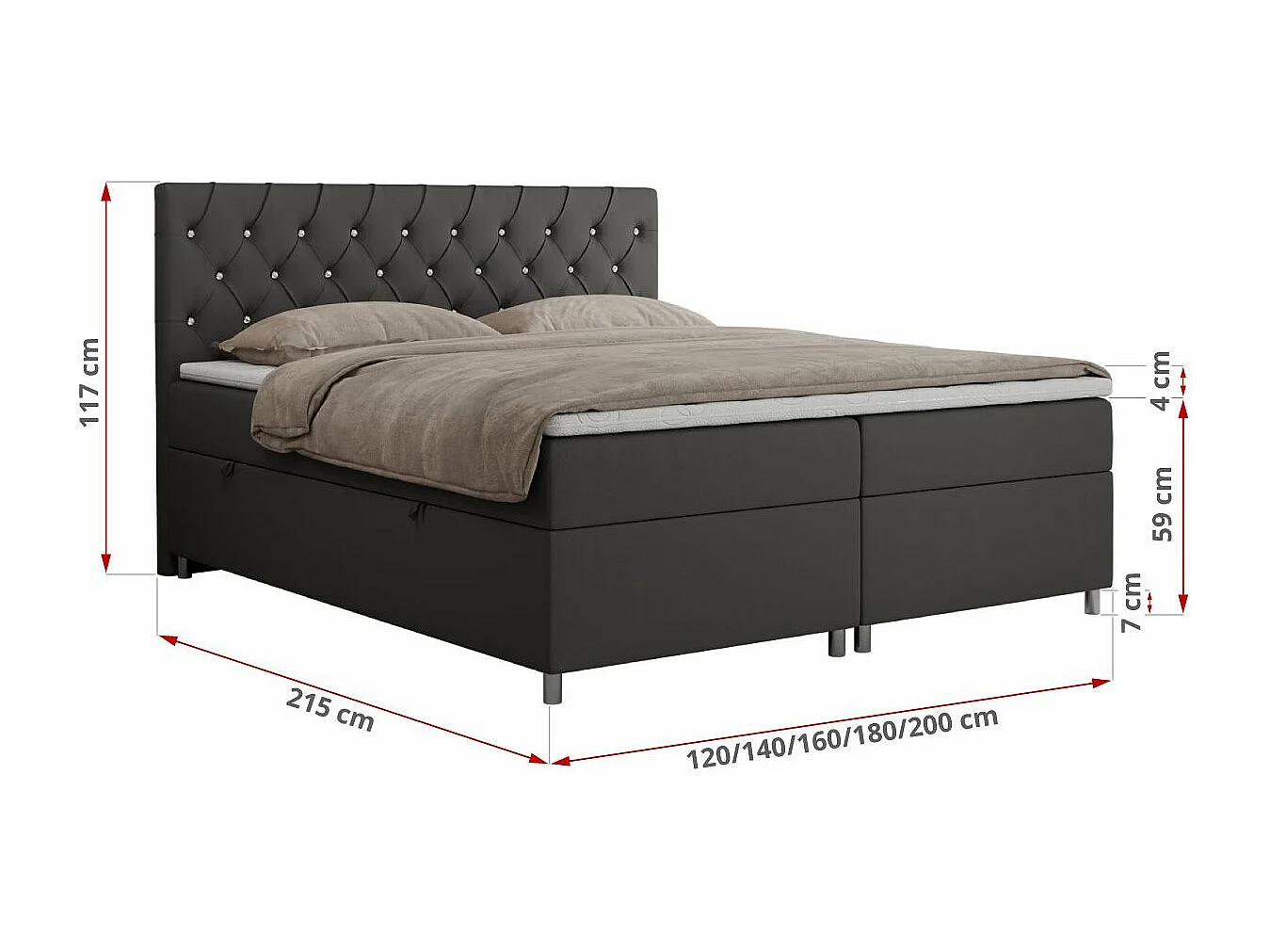 Boxspringbett ROMA mit gestepptem Kopfteil, Multipocket-Matratze, dekorative Füße - 180x200 cm - H4 - Dunkelgrau Kunstleder