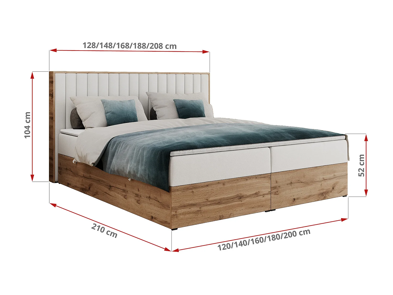 Boxspringbett ALBERO 4, Eiche Wotan Holzrahmen, mit Stauraum, genähtes Kopfteil - 180x200 cm - H4 - Weiß Kunstleder