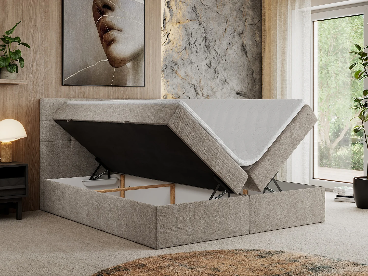 Boxspringbett CENTOS mit gestepptem Kopfteil, Multipocket-Matratze, Doppelbett mit Stauraum - 120x200 cm - H4 - Beige Struktur