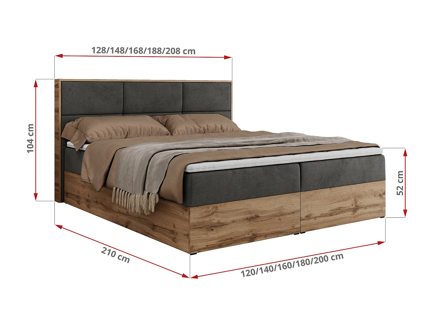 Boxspringbett ALBERO 2 mit Topper und Multipocket-Matratze, Stauraum, Holzrahmen - 200x200 cm - H4 - Dunkelgrau Velvet