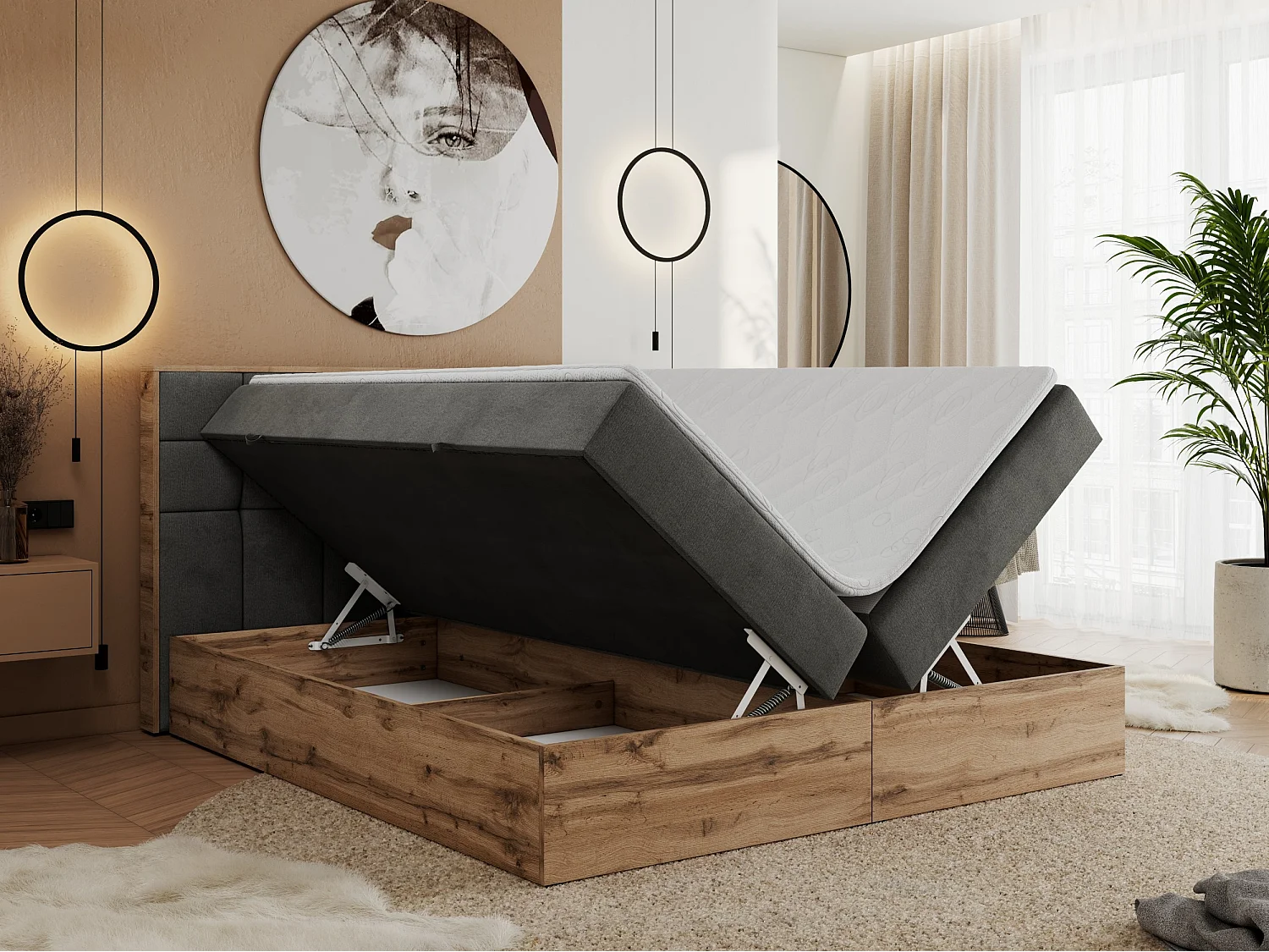 Boxspringbett ALBERO 1, Polsterbett mit gestepptem Kopfteil, Multipocket-Matratze - 200x200 cm - H4 - Dunkelgrau Velvet