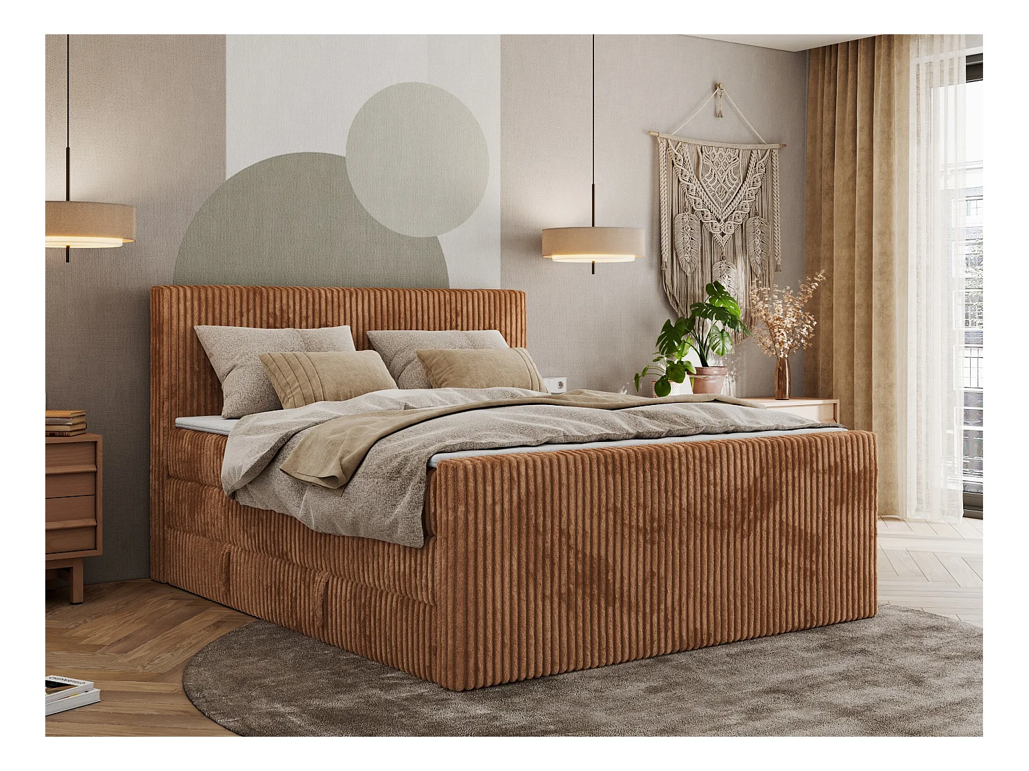 Boxspringbett TILIANO KING DUO, mit zwei Bettkästen, Cord Bett Multipocket-Matratze - 160x200 cm - H4 - Orange Cord