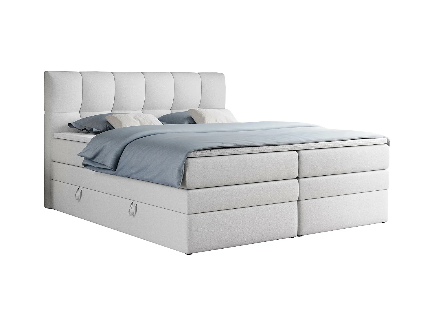 Boxspringbett ALVIN KING, mit zwei Multipocket-Matratzen, Bettkästen, genähtes Kopfteil - 200x200 cm - H4 - Weiß Kunstleder