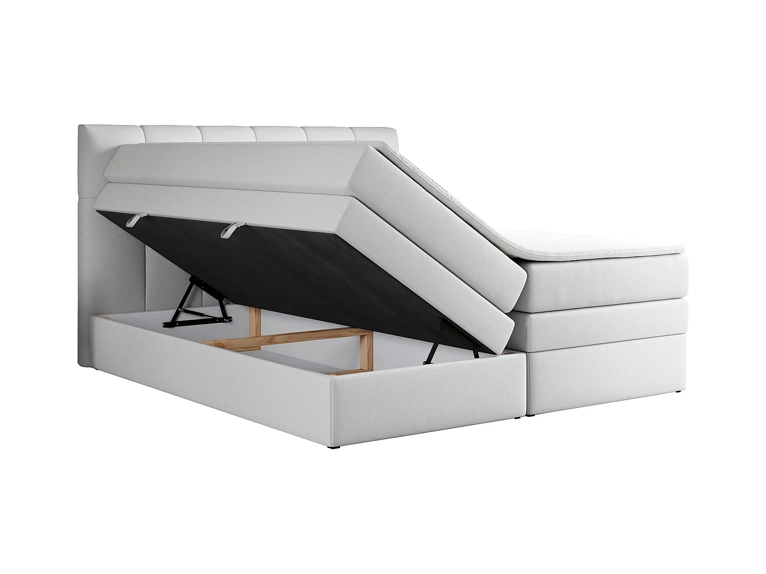 Boxspringbett ALVIN KING, mit zwei Multipocket-Matratzen, Bettkästen, genähtes Kopfteil - 200x200 cm - H4 - Weiß Kunstleder