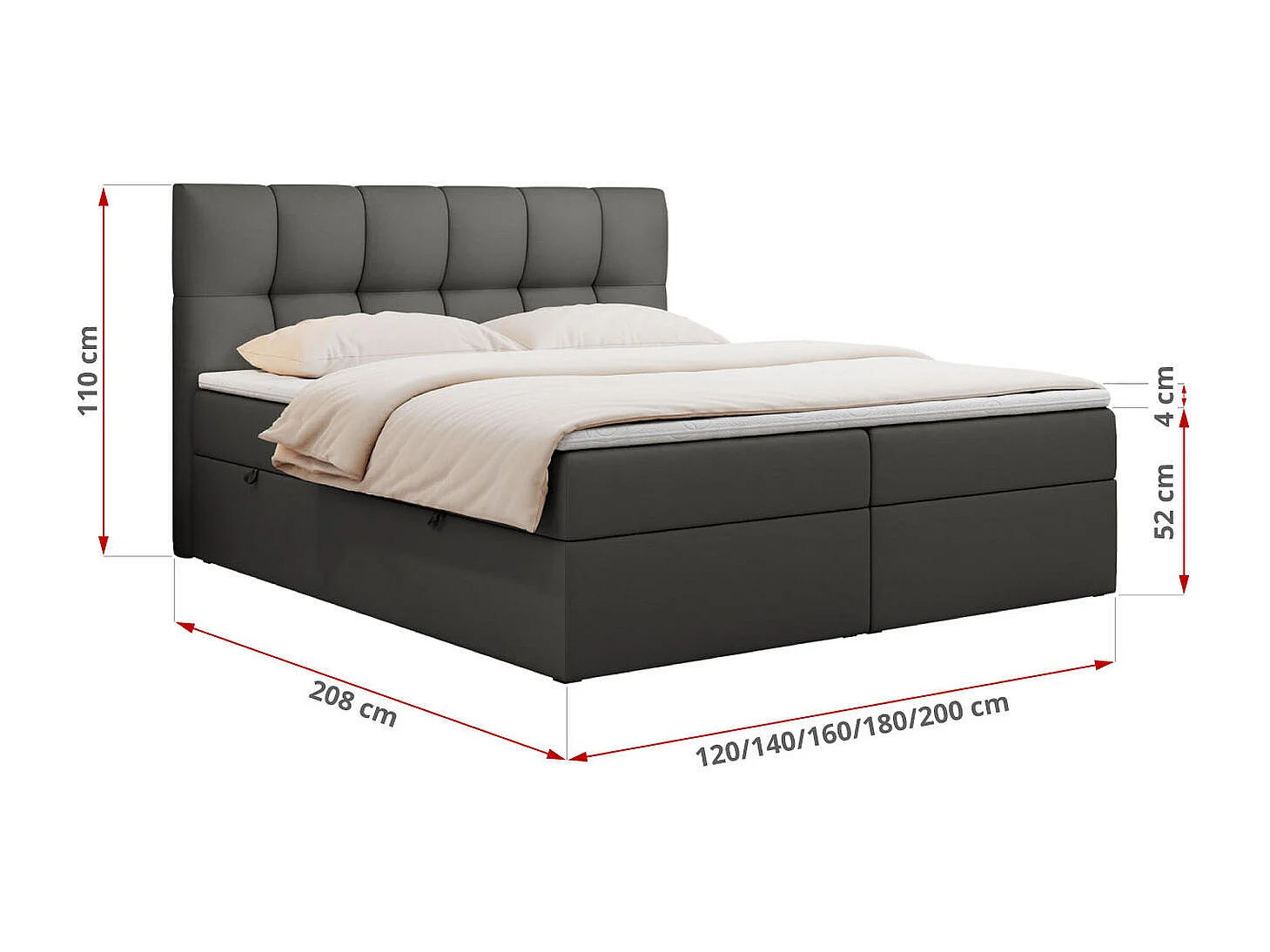 Boxspringbett RICO, Doppelbett mit Matratze, zwei Bettkästen, Bett mit Kopfteil - 200x200 cm - H4 - Dunkelgrau Kunstleder