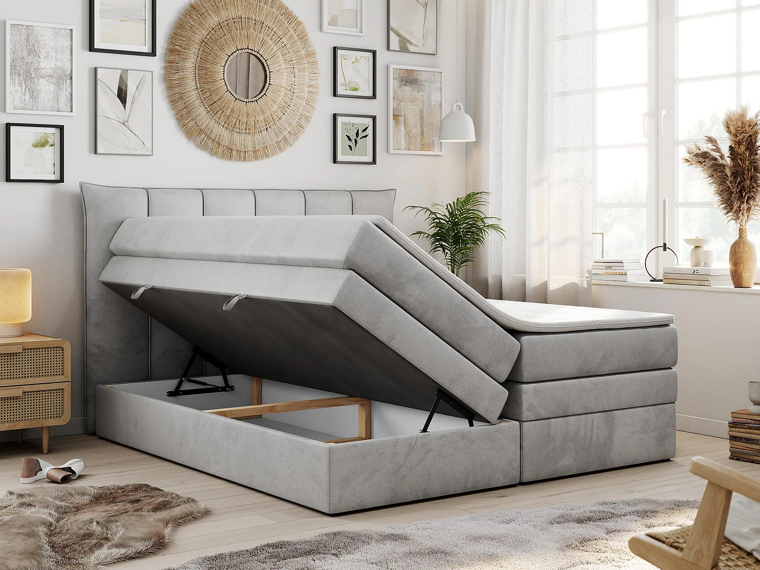 Boxspringbett PREMIUM 10 KING, Doppelbett mit Stauraum, gesteppte Kopfstütze, Multipocket-Matratze - 160x200 cm - H4 - Hellgrau Velvet