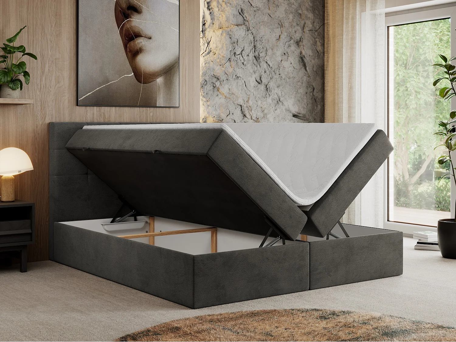 Boxspringbett CENTOS mit gestepptem Kopfteil, Multipocket-Matratze, Doppelbett mit Stauraum - 120x200 cm - H4 - Grau Velvet