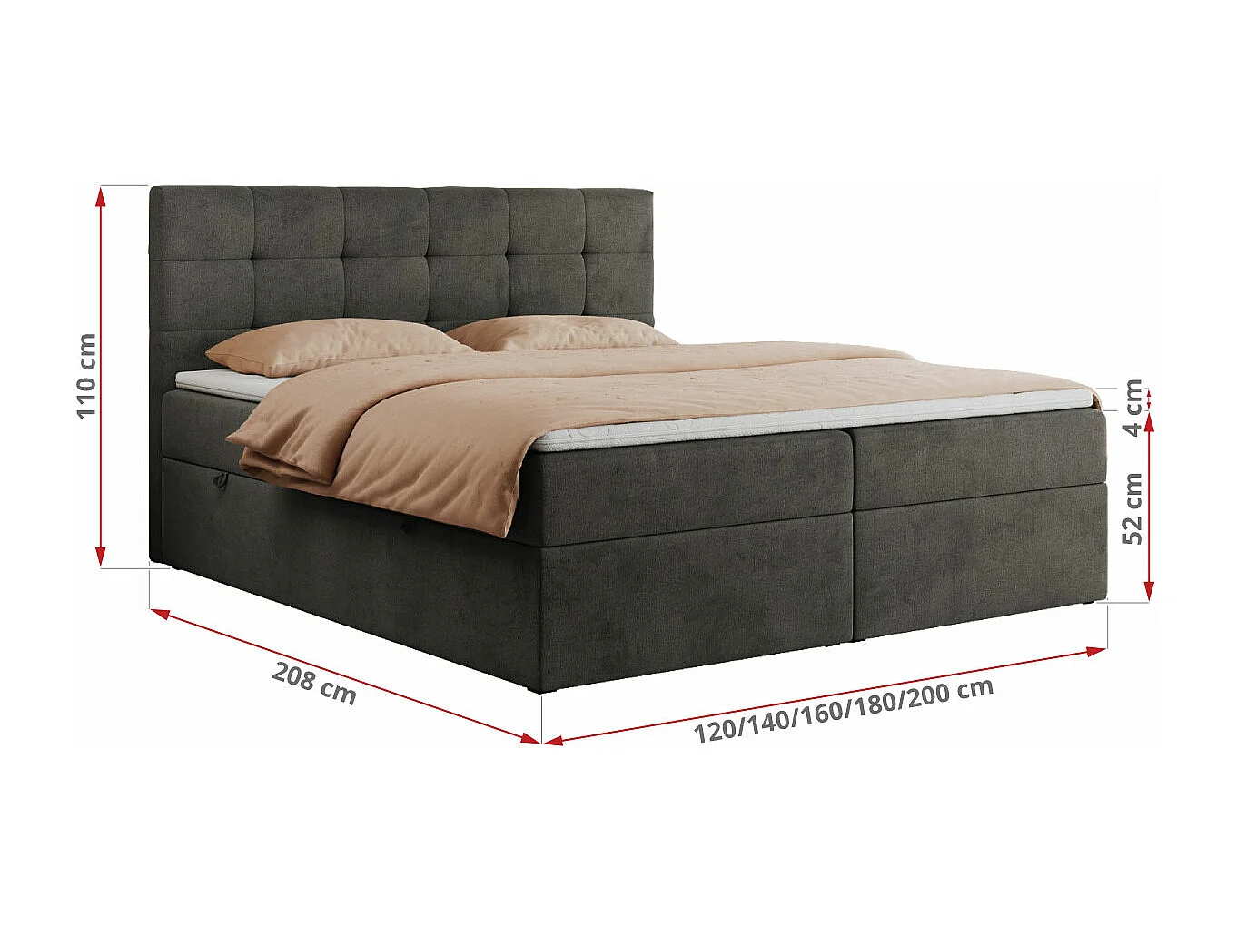 Boxspringbett CENTOS mit gestepptem Kopfteil, Multipocket-Matratze, Doppelbett mit Stauraum - 120x200 cm - H4 - Grau Velvet
