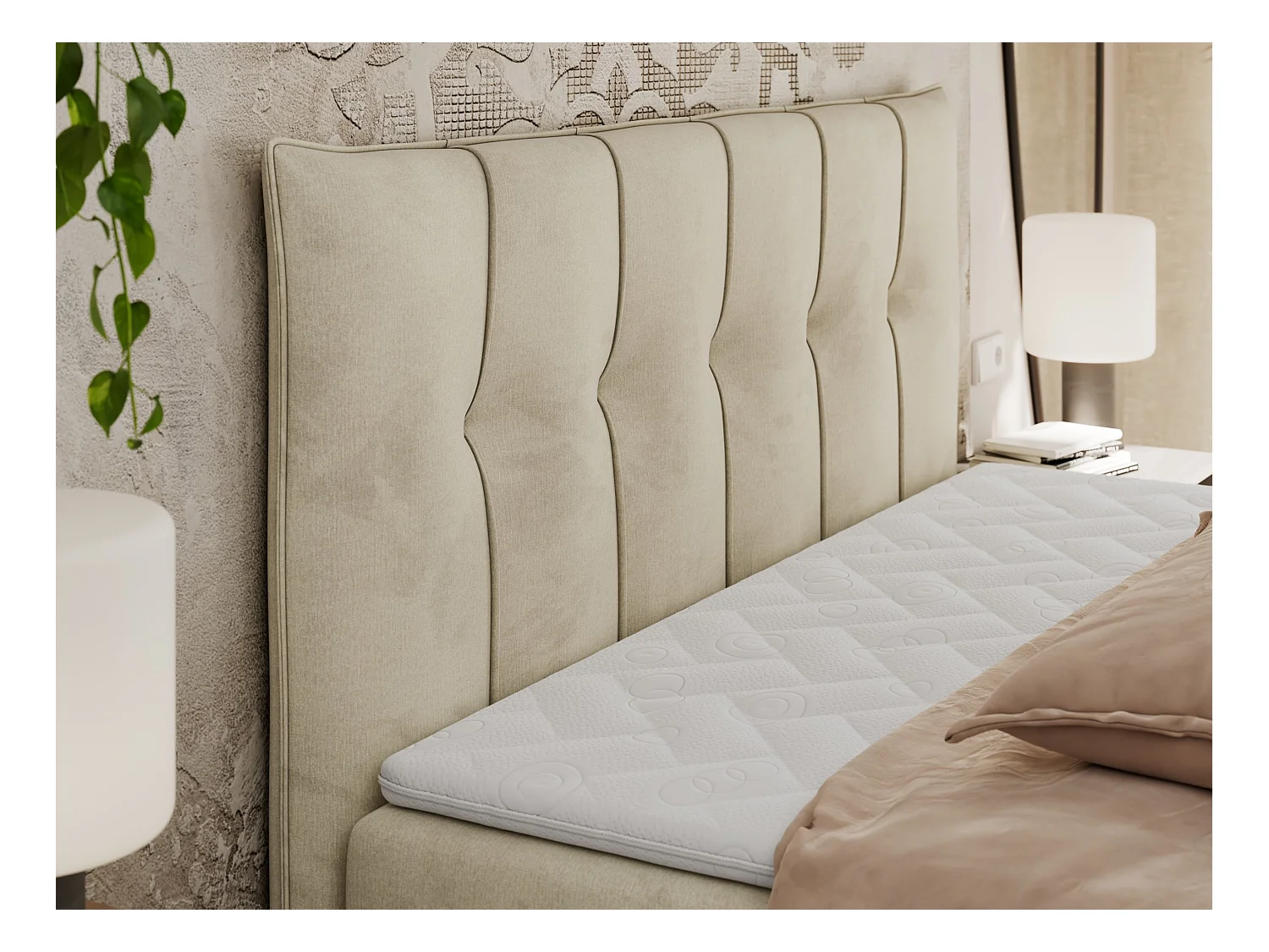 Boxspringbett PREMIUM 10 mit Multipocket-Matratze, gesteppte Kopfstütze, zwei Bettkästen - 120x200 cm - H3 - Creme Velvet