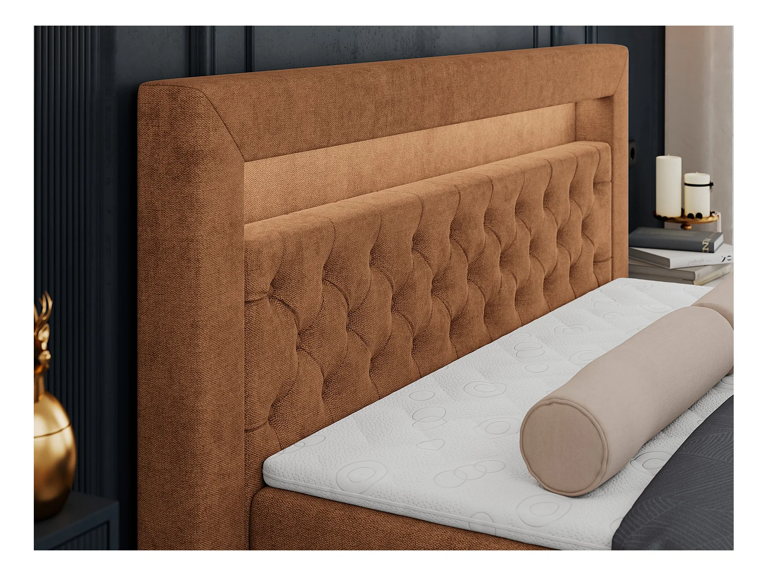 Boxspringbett GOLD 6, Doppelbett mit Stauraum, LED-Beleuchtung, gesteppte Kopfstütze - 200x200 cm - H4 - Orange Strukture