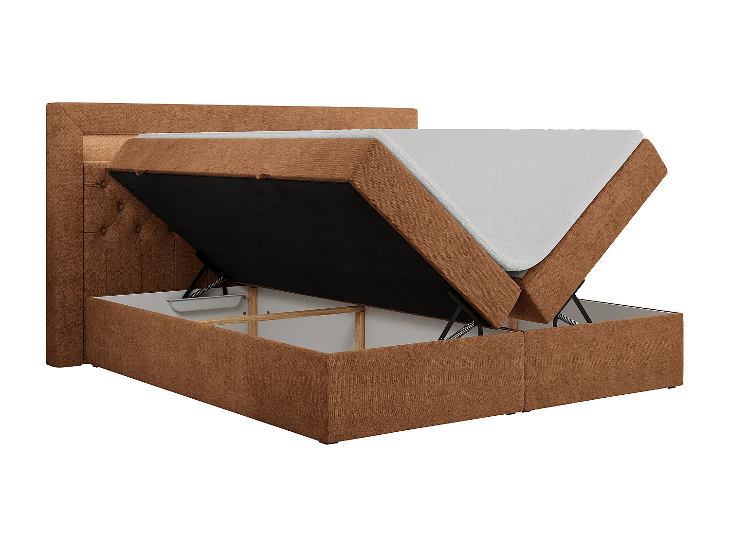 Boxspringbett GOLD 6, Doppelbett mit Stauraum, LED-Beleuchtung, gesteppte Kopfstütze - 200x200 cm - H4 - Orange Strukture