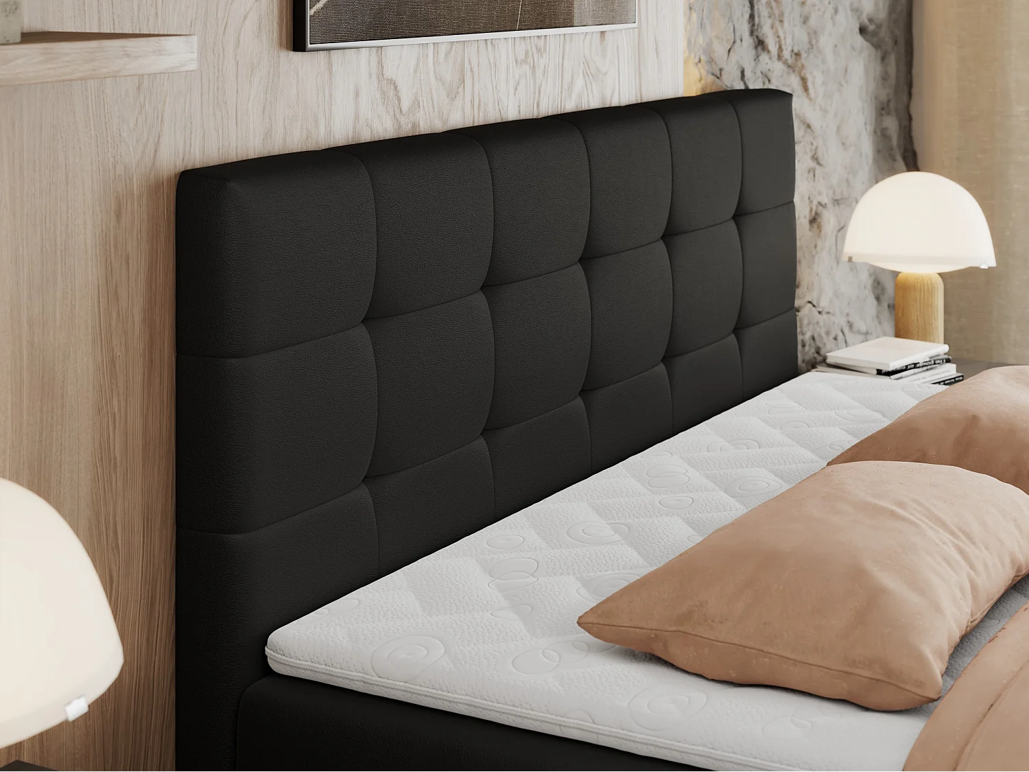 Boxspringbett CENTOS mit gestepptem Kopfteil, Multipocket-Matratze, Doppelbett mit Stauraum - 160x200 cm - H3 - Schwarz Kunstleder