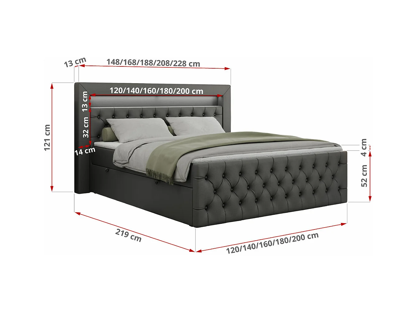 Boxspringbett GOLD 9 mit Stauraum, Multipocket-Matratze, gestepptes Bett, LED Beleuchtung - 200x200 cm - H3 - Dunkelgrau Kunstleder