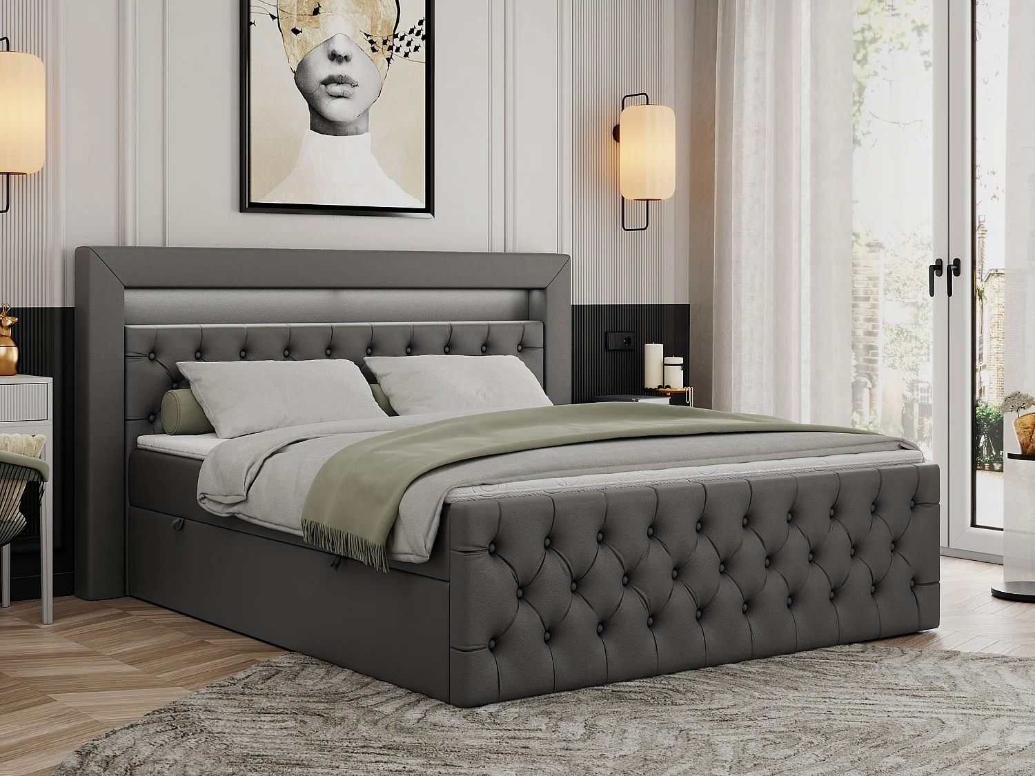 Boxspringbett GOLD 9 mit Stauraum, Multipocket-Matratze, gestepptes Bett, LED Beleuchtung - 200x200 cm - H3 - Dunkelgrau Kunstleder