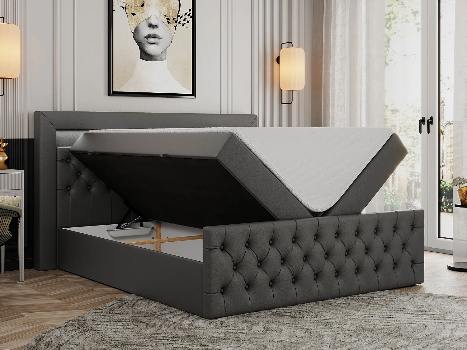 Boxspringbett GOLD 9 mit Stauraum, Multipocket-Matratze, gestepptes Bett, LED Beleuchtung - 200x200 cm - H3 - Dunkelgrau Kunstleder