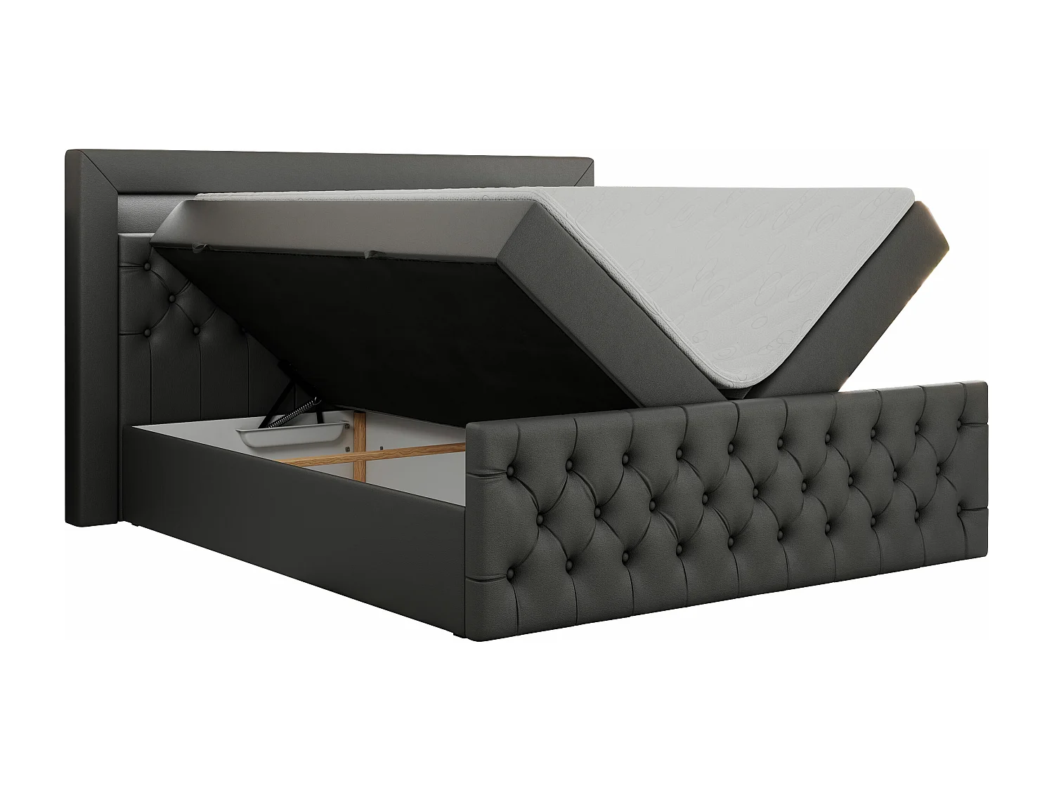 Boxspringbett GOLD 9 mit Stauraum, Multipocket-Matratze, gestepptes Bett, LED Beleuchtung - 200x200 cm - H3 - Dunkelgrau Kunstleder