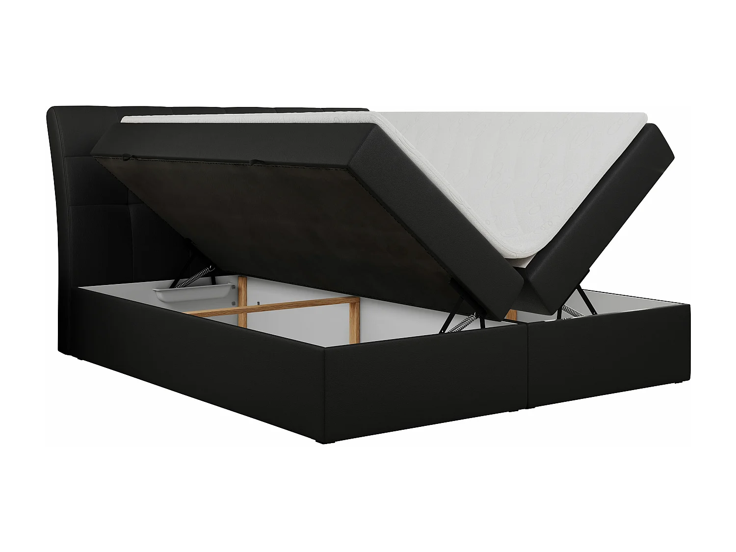 Boxspringbett DIEGOS mit Stauraum, gestepptem Kopfteil, Multipocket-Matratze - 160x200 cm - H4 - Schwarz Kunstleder