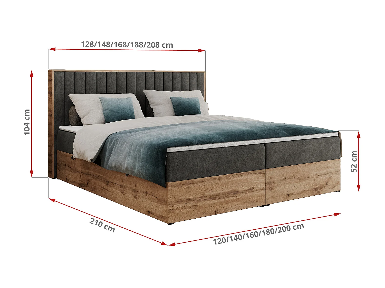 Boxspringbett ALBERO 4, Eiche Wotan Holzrahmen, mit Stauraum, genähtes Kopfteil - 180x200 cm - H4 - Dunkelgrau Velvet