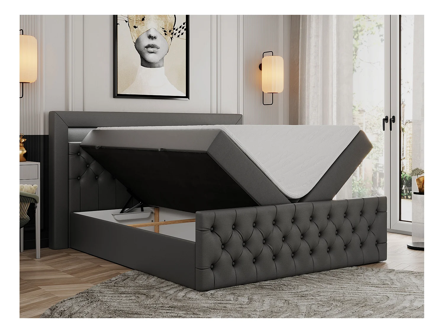 Boxspringbett GOLD 9 mit Stauraum, Multipocket-Matratze, gestepptes Bett, LED Beleuchtung - 120x200 cm - H3 - Dunkelgrau Kunstleder