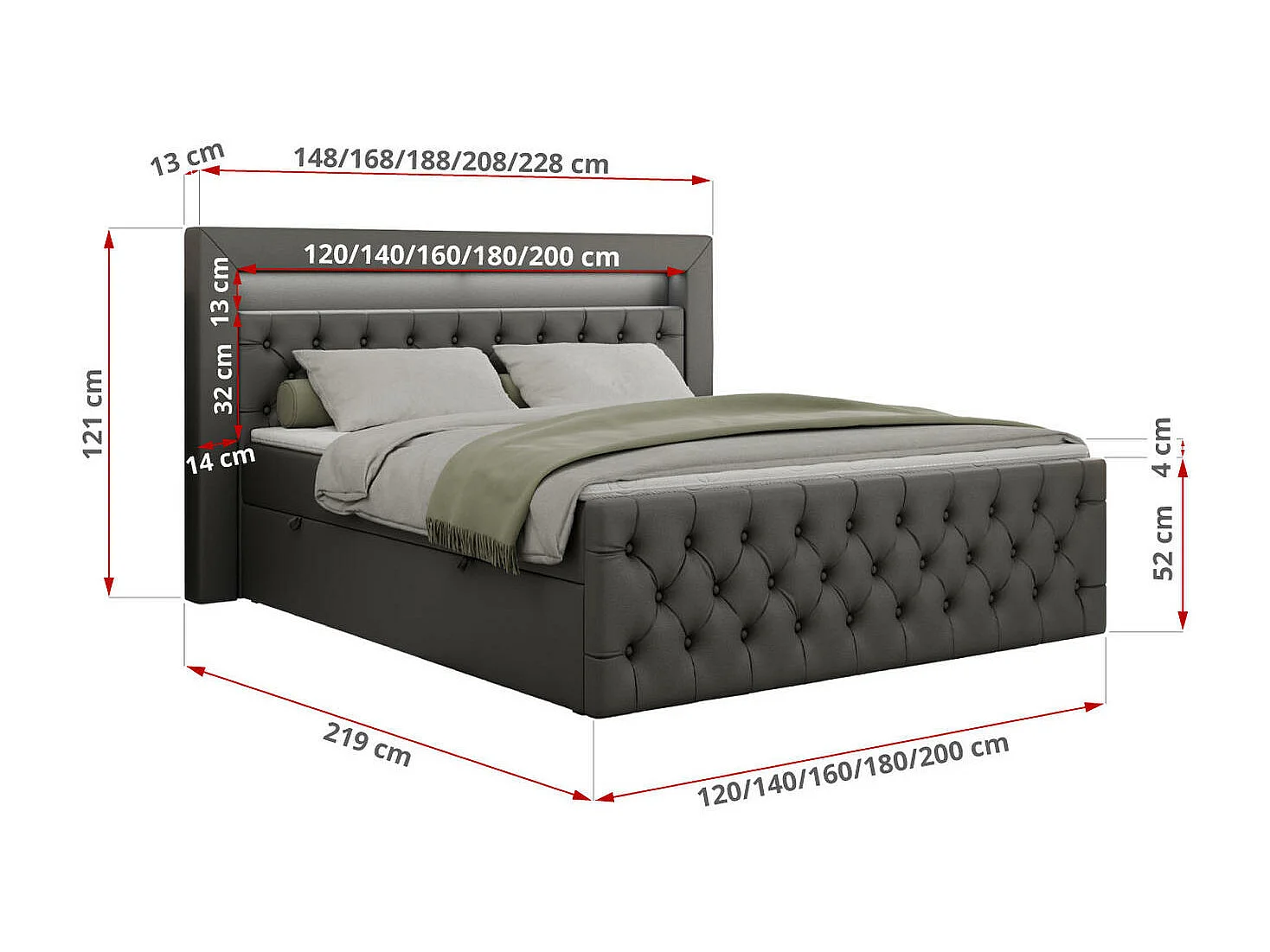 Boxspringbett GOLD 9 mit Stauraum, Multipocket-Matratze, gestepptes Bett, LED Beleuchtung - 120x200 cm - H3 - Dunkelgrau Kunstleder