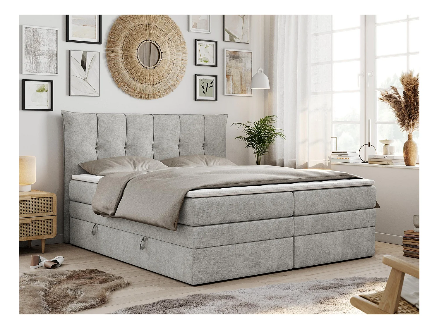 Boxspringbett PREMIUM 10 KING, Doppelbett mit Stauraum, gesteppte Kopfstütze, Multipocket-Matratze - 200x200 cm - H4 - Hellgrau Strukture