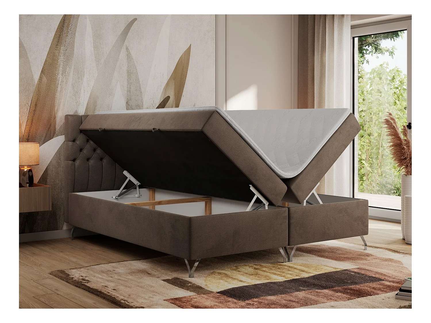 Boxspringbett GRIMALDI mit zwei Bettkästen, gesteppter Kopfstütze, Metallfüßen - 200x200 cm - H3 - Braun Velvet