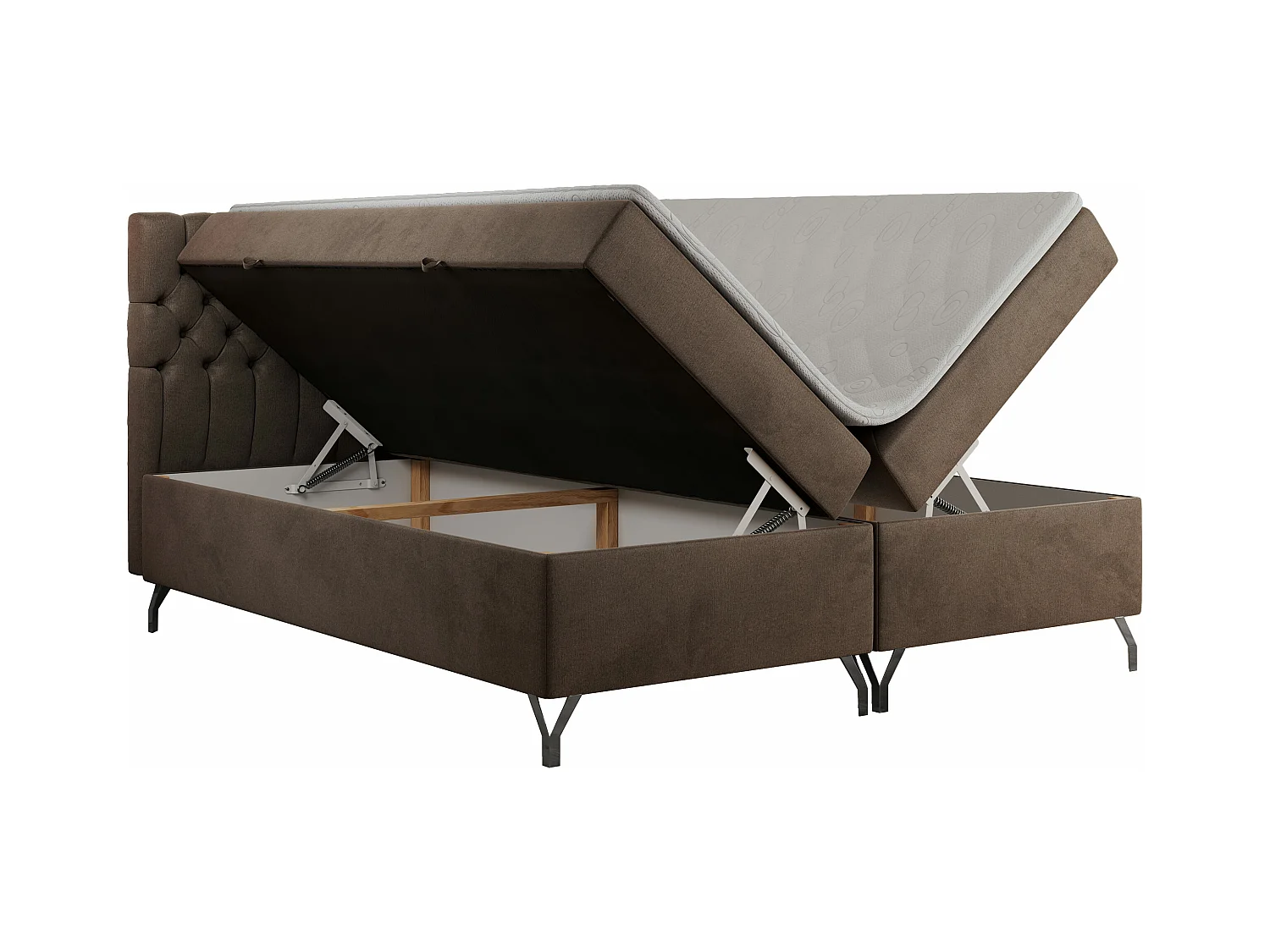 Boxspringbett GRIMALDI mit zwei Bettkästen, gesteppter Kopfstütze, Metallfüßen - 200x200 cm - H3 - Braun Velvet