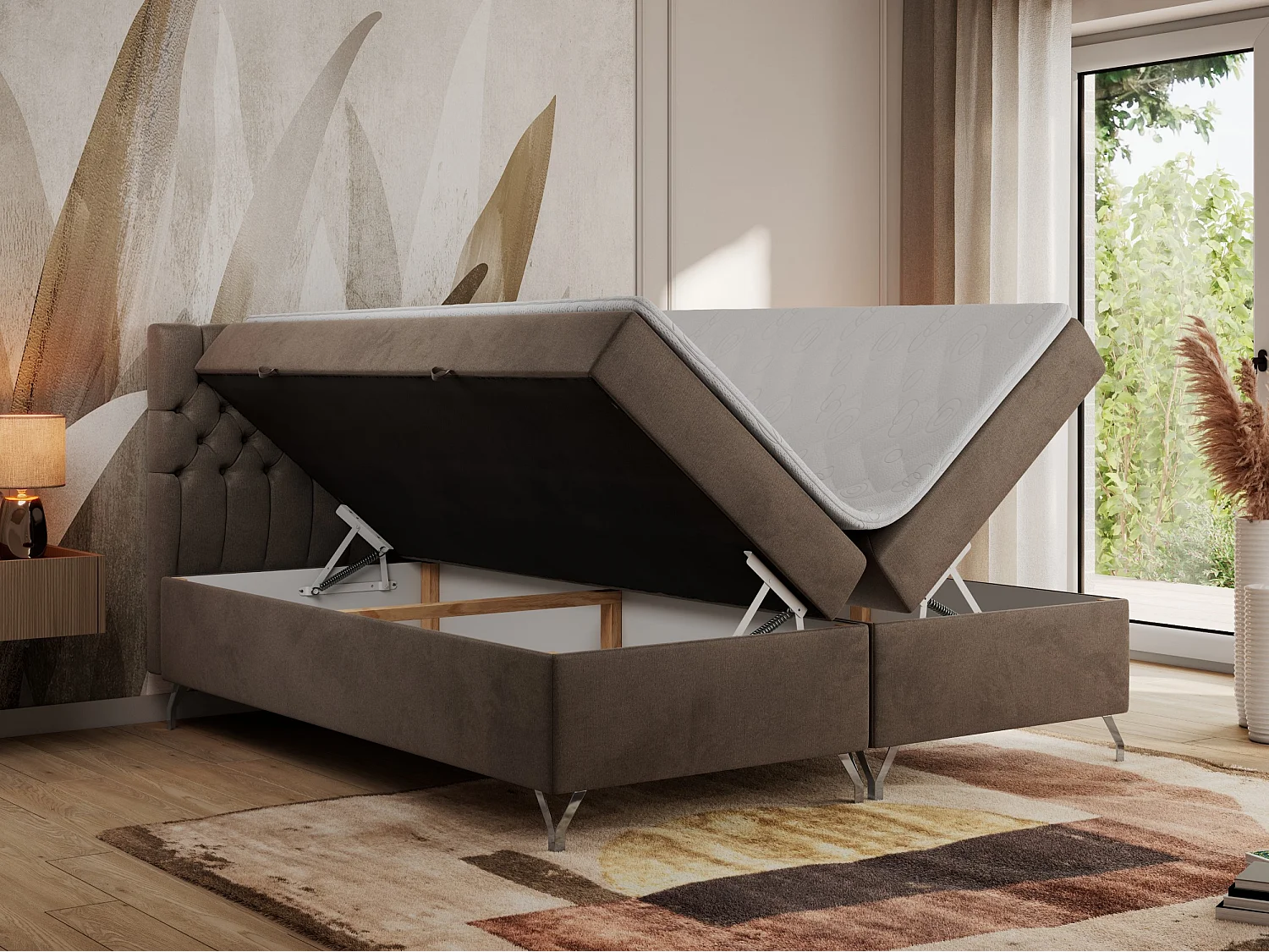 Boxspringbett GRIMALDI mit zwei Bettkästen, gesteppter Kopfstütze, Metallfüßen - 200x200 cm - H3 - Braun Velvet