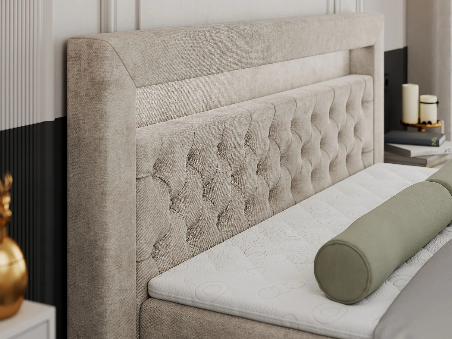 Boxspringbett GOLD 9 mit Stauraum, Multipocket-Matratze, gestepptes Bett, LED Beleuchtung - 160x200 cm - H3 - Beige Strukture