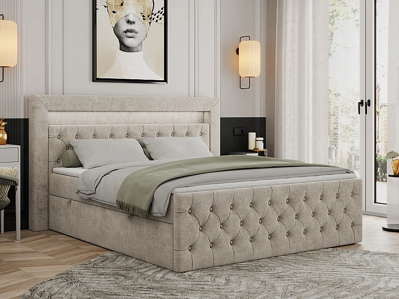 Boxspringbett GOLD 9 mit Stauraum, Multipocket-Matratze, gestepptes Bett, LED Beleuchtung - 160x200 cm - H3 - Beige Strukture