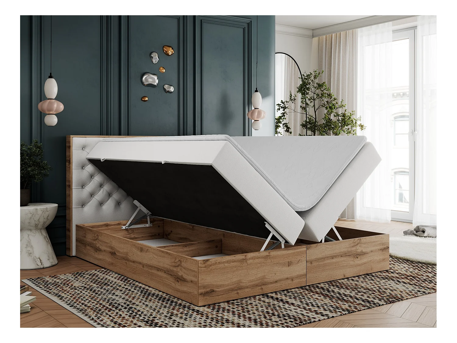 Boxspringbett ALBERO 3 - gesteppte Kopfstütze, Eiche Wotan Holzrahmen, Stauraum - 180x200 cm - H4 - Weiß Kunstleder