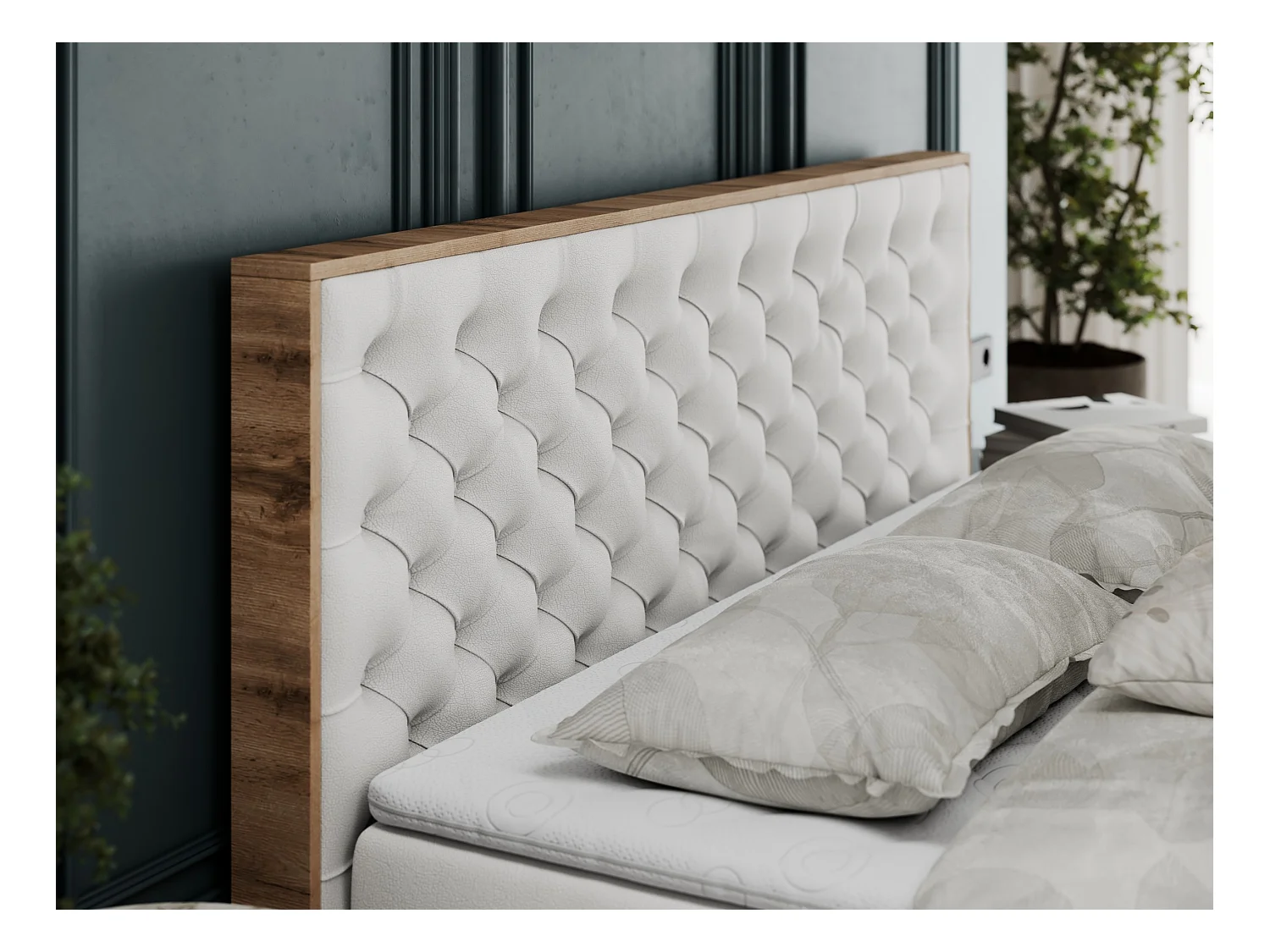 Boxspringbett ALBERO 3 - gesteppte Kopfstütze, Eiche Wotan Holzrahmen, Stauraum - 180x200 cm - H4 - Weiß Kunstleder