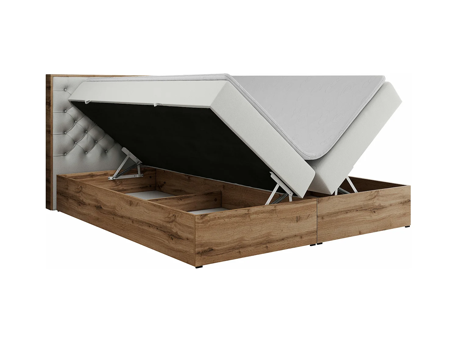 Boxspringbett ALBERO 3 - gesteppte Kopfstütze, Eiche Wotan Holzrahmen, Stauraum - 180x200 cm - H4 - Weiß Kunstleder