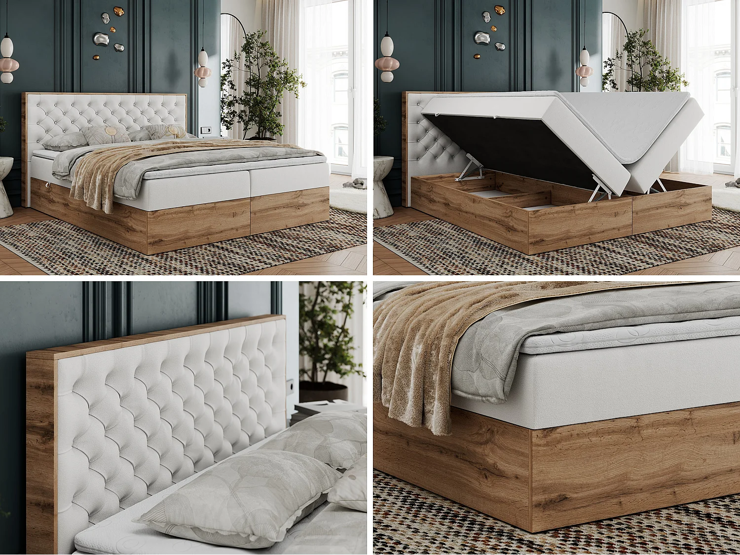 Boxspringbett ALBERO 3 - gesteppte Kopfstütze, Eiche Wotan Holzrahmen, Stauraum - 180x200 cm - H4 - Weiß Kunstleder