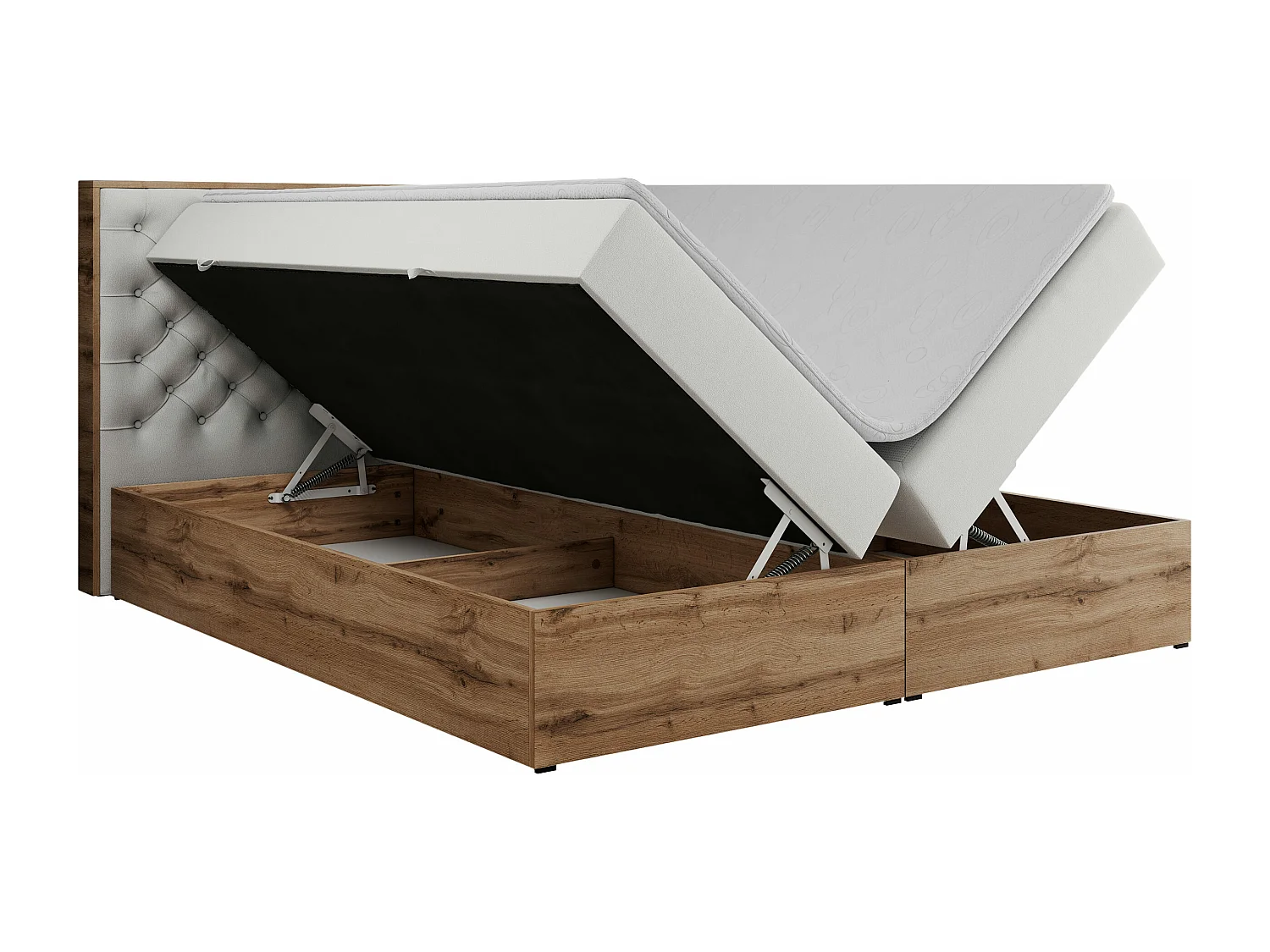 Boxspringbett ALBERO 3 - gesteppte Kopfstütze, Eiche Wotan Holzrahmen, Stauraum - 180x200 cm - H4 - Weiß Kunstleder