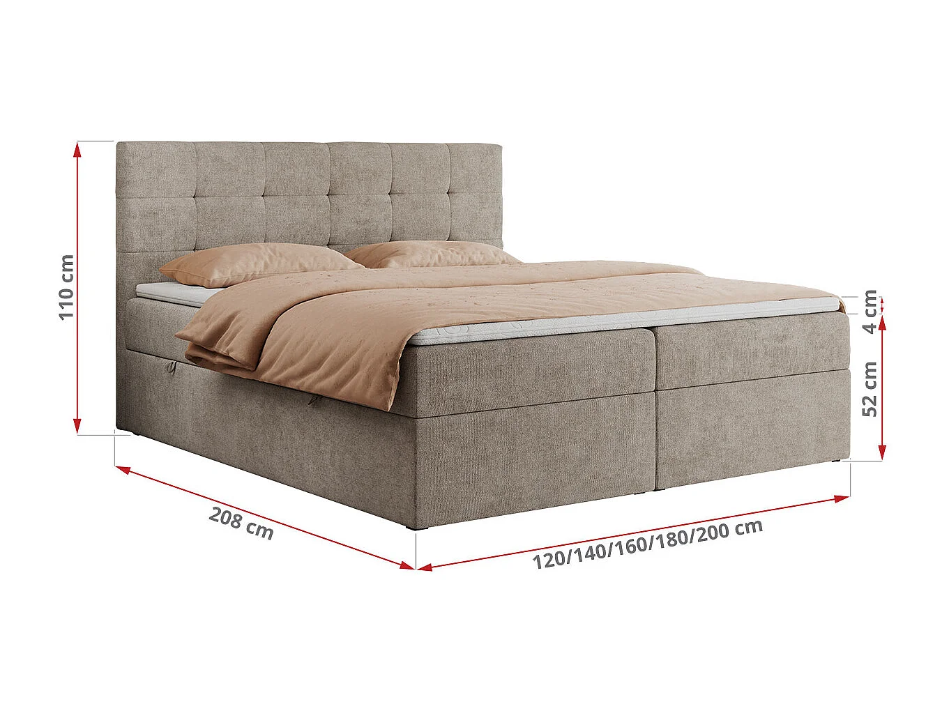 Boxspringbett CENTOS mit gestepptem Kopfteil, Multipocket-Matratze, Doppelbett mit Stauraum - 140x200 cm - H3 - Beige Struktur