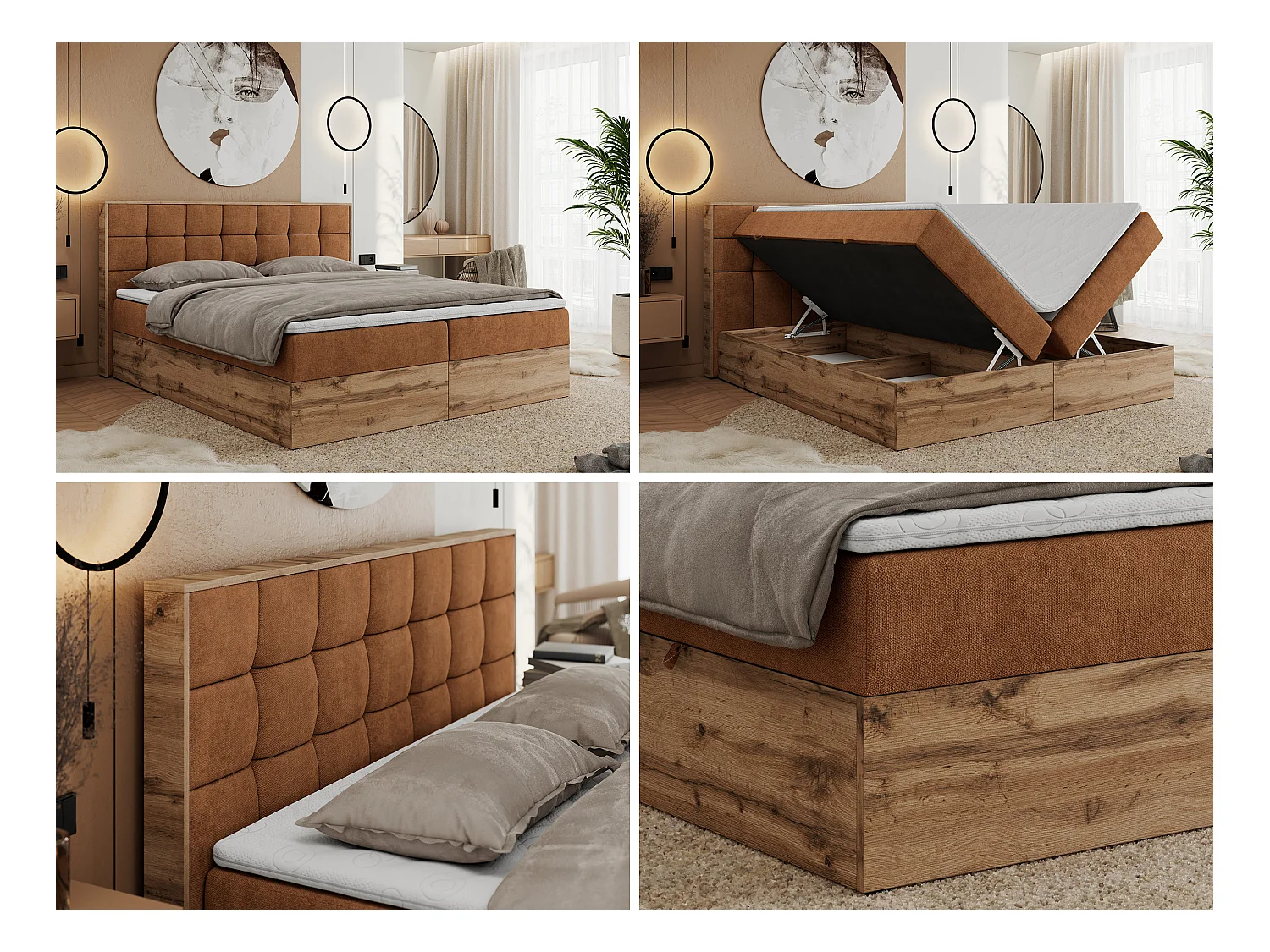 Boxspringbett ALBERO 1, Polsterbett mit gestepptem Kopfteil, Multipocket-Matratze - 160x200 cm - H4 - Orange Strukture