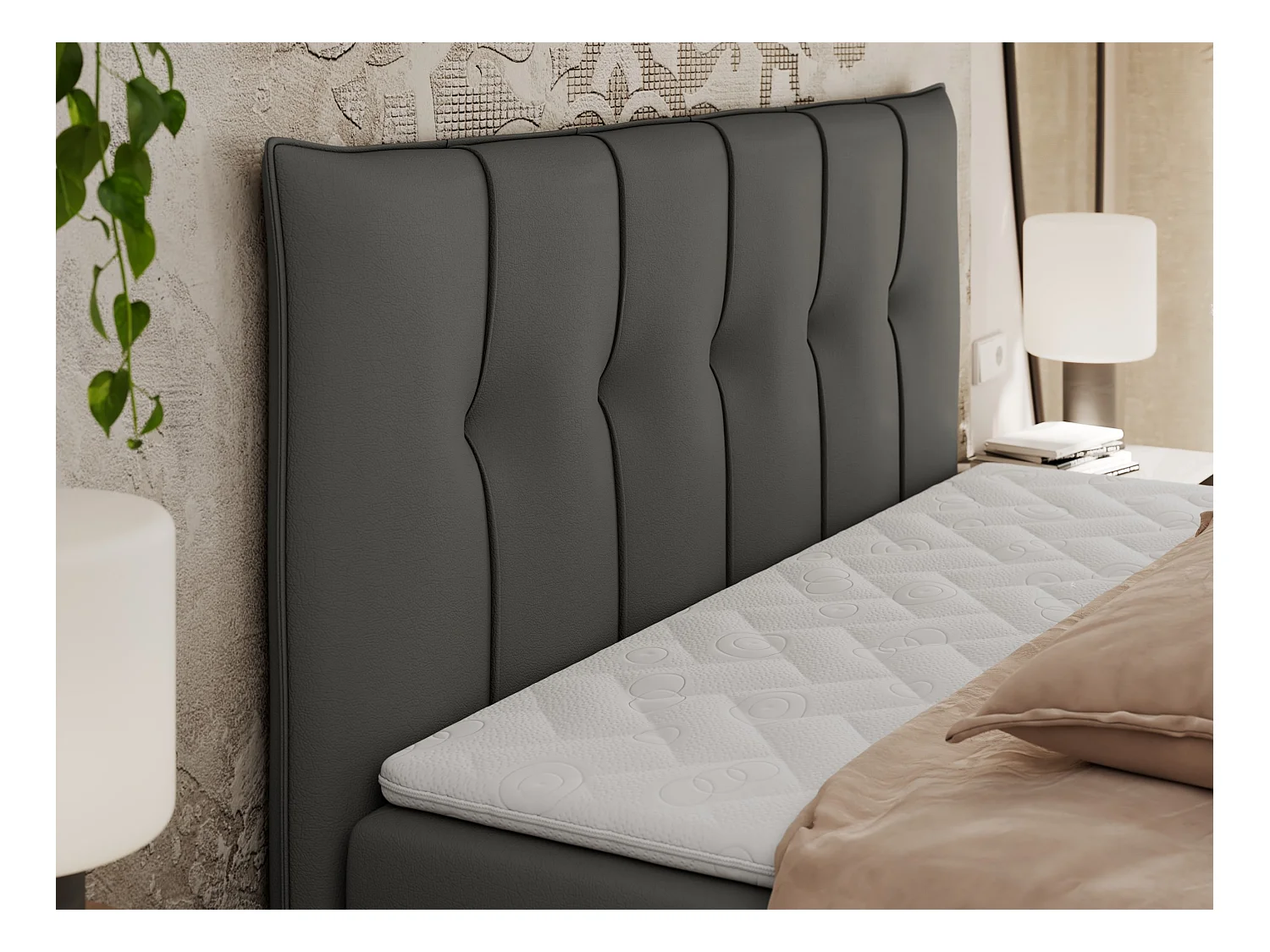 Boxspringbett PREMIUM 10 mit Multipocket-Matratze, gesteppte Kopfstütze, zwei Bettkästen - 160x200 cm - H4 - Dunkelgrau Kunstleder