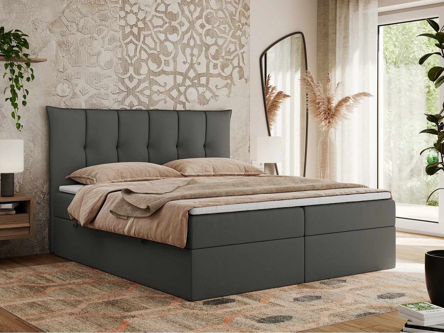 Boxspringbett PREMIUM 10 mit Multipocket-Matratze, gesteppte Kopfstütze, zwei Bettkästen - 160x200 cm - H4 - Dunkelgrau Kunstleder