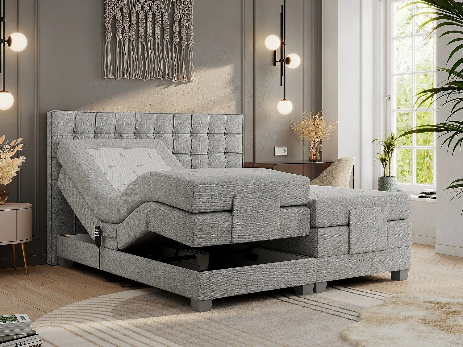 Boxspringbett ELEKTRO mit Multipocket-Matratze, Elektrisch verstellbare, genähtes Kopfteil - 140x200 cm - H4 - Hellgrau Strukture