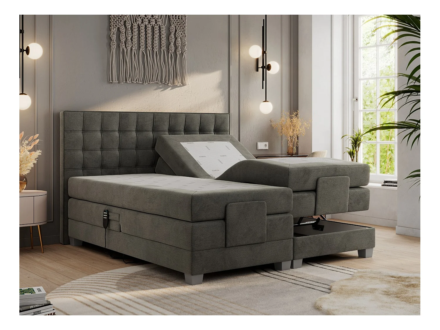 Boxspringbett ELEKTRO mit Multipocket-Matratze, Elektrisch verstellbare, genähtes Kopfteil - 160x200 cm - H3 - Dunkelgrau Velvet