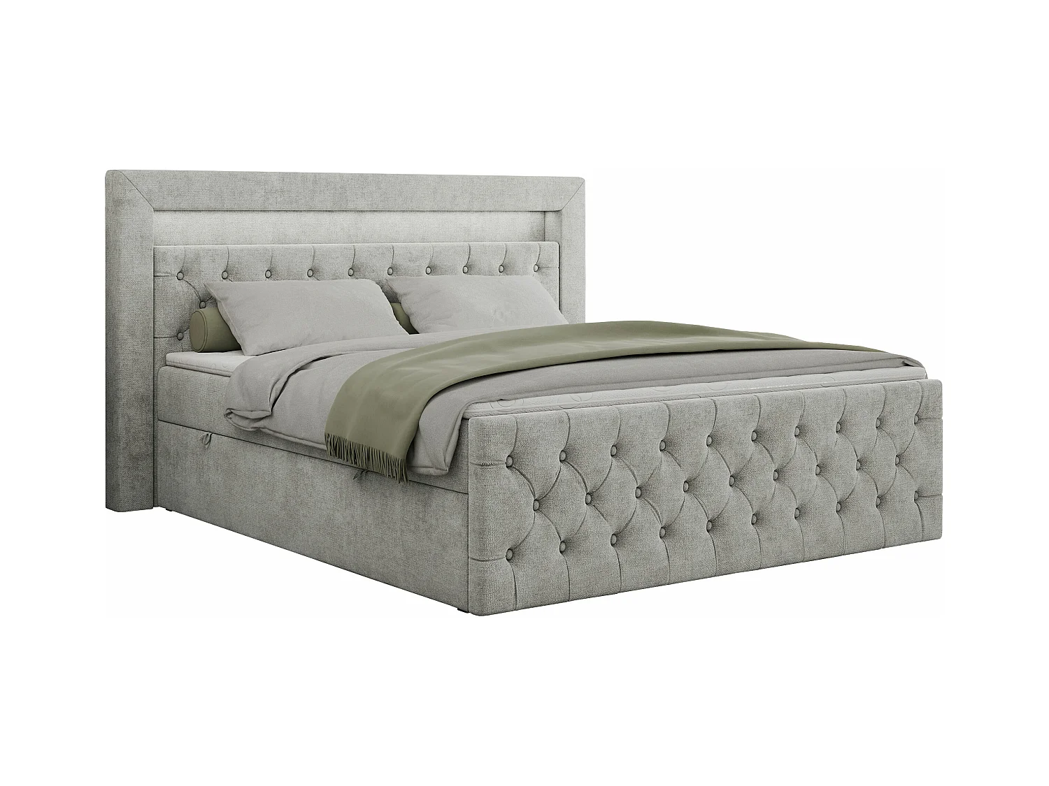 Boxspringbett GOLD 9 mit Stauraum, Multipocket-Matratze, gestepptes Bett, LED Beleuchtung - 120x200 cm - H3 - Hellgrau Strukture