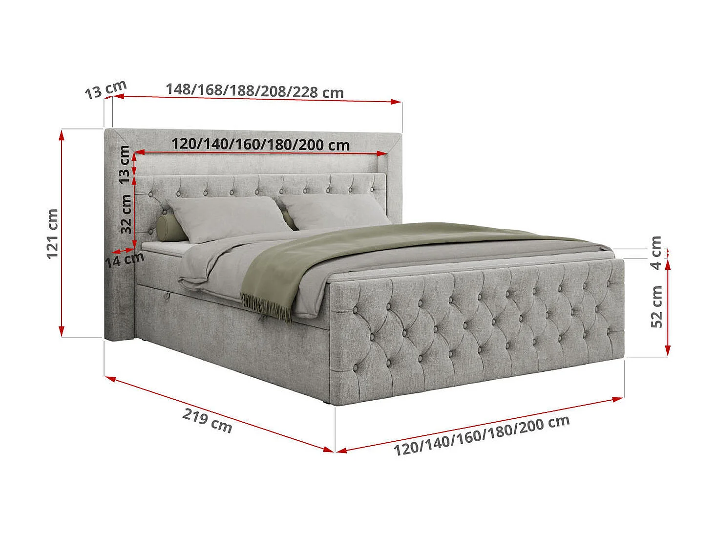 Boxspringbett GOLD 9 mit Stauraum, Multipocket-Matratze, gestepptes Bett, LED Beleuchtung - 120x200 cm - H3 - Hellgrau Strukture