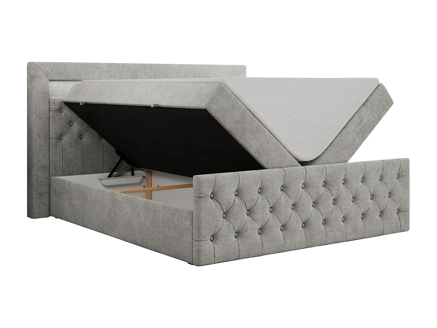 Boxspringbett GOLD 9 mit Stauraum, Multipocket-Matratze, gestepptes Bett, LED Beleuchtung - 120x200 cm - H3 - Hellgrau Strukture