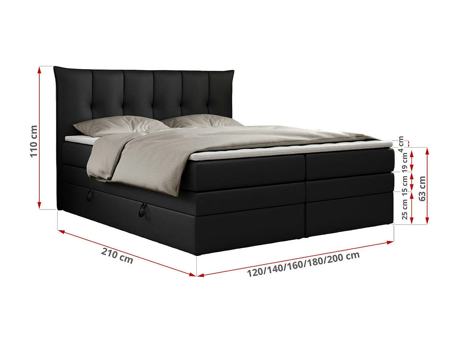 Boxspringbett PREMIUM 10 KING, Doppelbett mit Stauraum, gesteppte Kopfstütze, Multipocket-Matratze - 200x200 cm - H4 - Schwarz Kunstleder