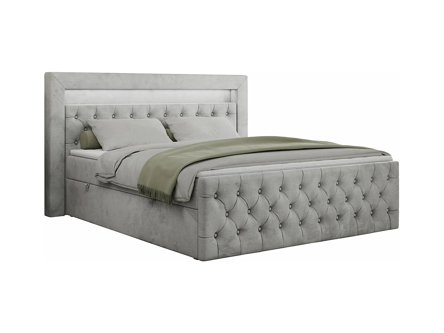 Boxspringbett GOLD 9 mit Stauraum, Multipocket-Matratze, gestepptes Bett, LED Beleuchtung - 200x200 cm - H3 - Hellgrau Velvet