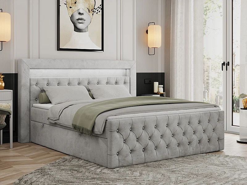 Boxspringbett GOLD 9 mit Stauraum, Multipocket-Matratze, gestepptes Bett, LED Beleuchtung - 200x200 cm - H3 - Hellgrau Velvet